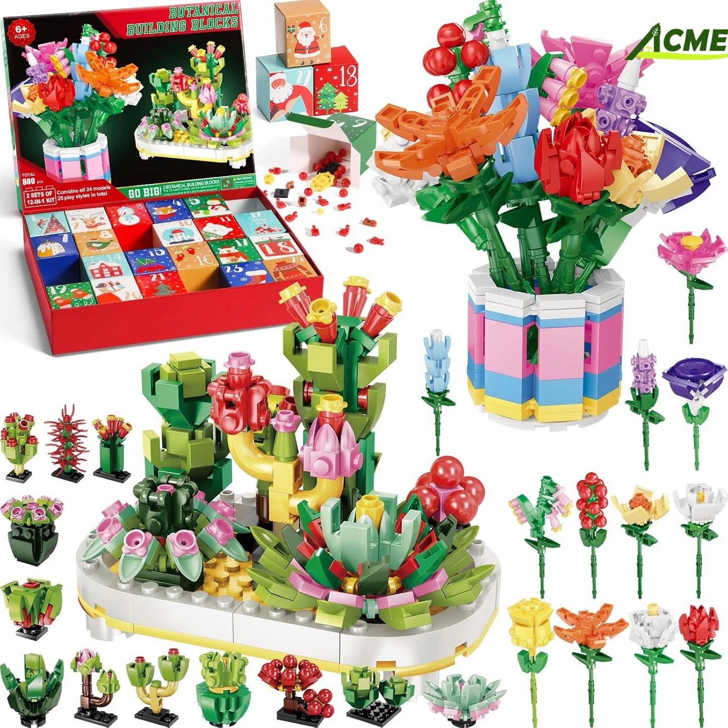 24 Day Advent Calendar Building Blocks Bouquet Set - 24 Days of Creative Christmas Countdown Fun for All Ages!