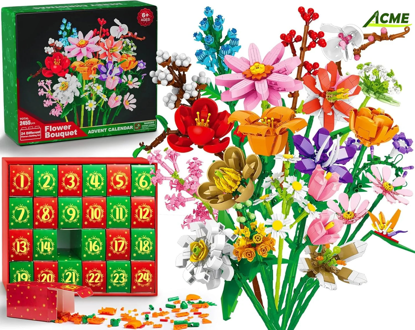 24 Day Advent Calendar Building Blocks Bouquet Set - 24 Days of Creative Christmas Countdown Fun for All Ages!
