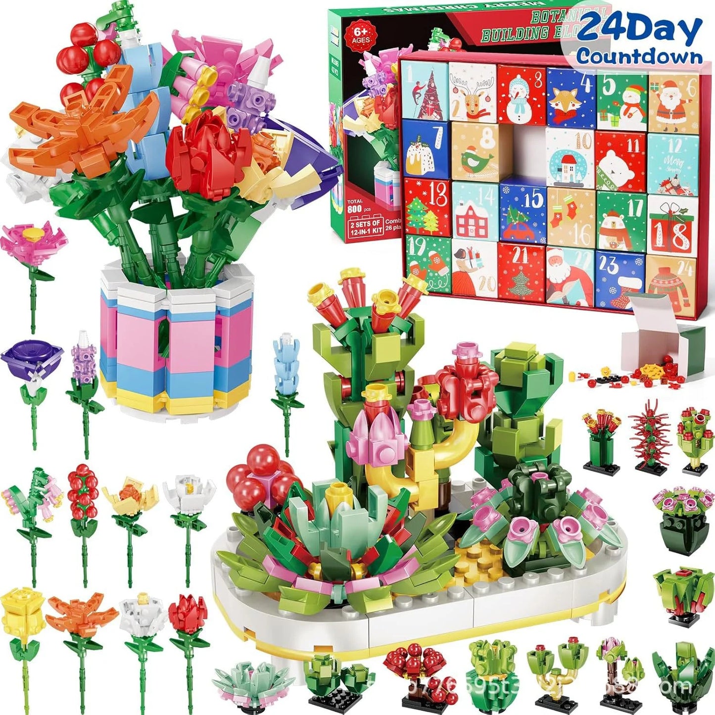24 Day Advent Calendar Building Blocks Bouquet Set - 24 Days of Creative Christmas Countdown Fun for All Ages!