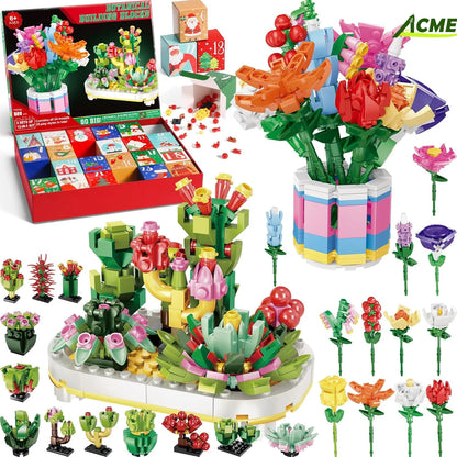 24 Day Advent Calendar Building Blocks Bouquet Set - 24 Days of Creative Christmas Countdown Fun for All Ages!