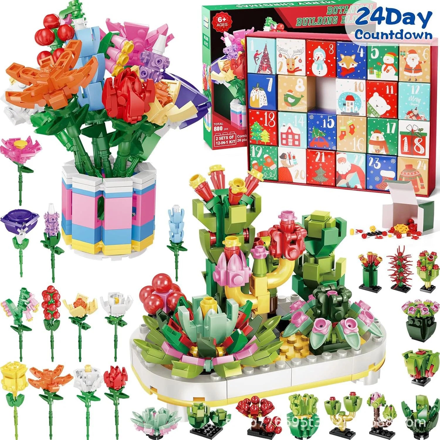 24 Day Advent Calendar Building Blocks Bouquet Set - 24 Days of Creative Christmas Countdown Fun for All Ages!